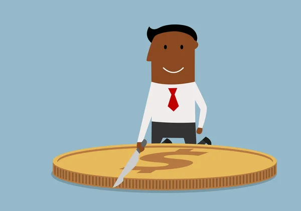 Cartoon corrupt businessman cutting a dollar coin — Stockvector