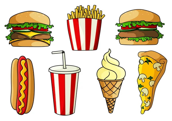 Pizza, hamburguesas, hot dog, papas fritas, helado y refrescos — Vector de stock