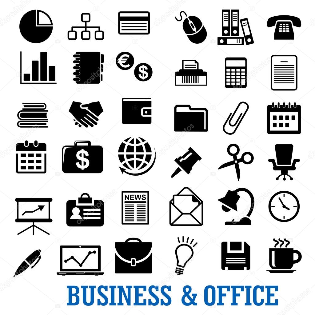 Business, finance and office flat icons with laptop, telephone, finance chart, idea, calendar, currency, handshake, briefcase, chair, documents, mail, wallet, globe and stationery