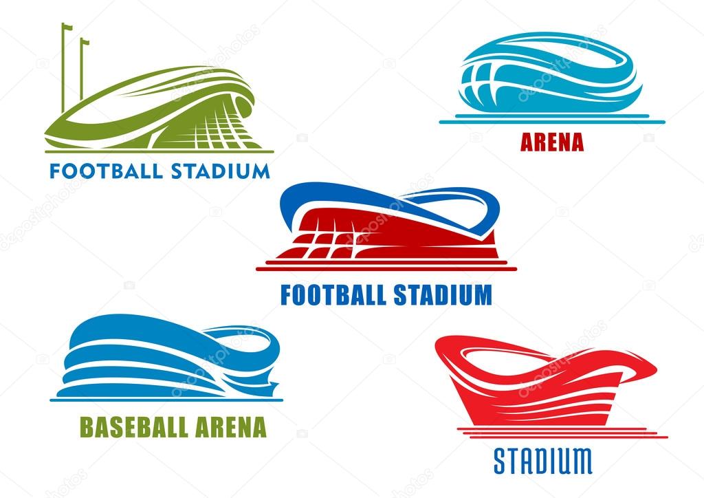 Abstract sport arenas and stadiums symbols or icons in red, blue and green colors. For team sport competitions