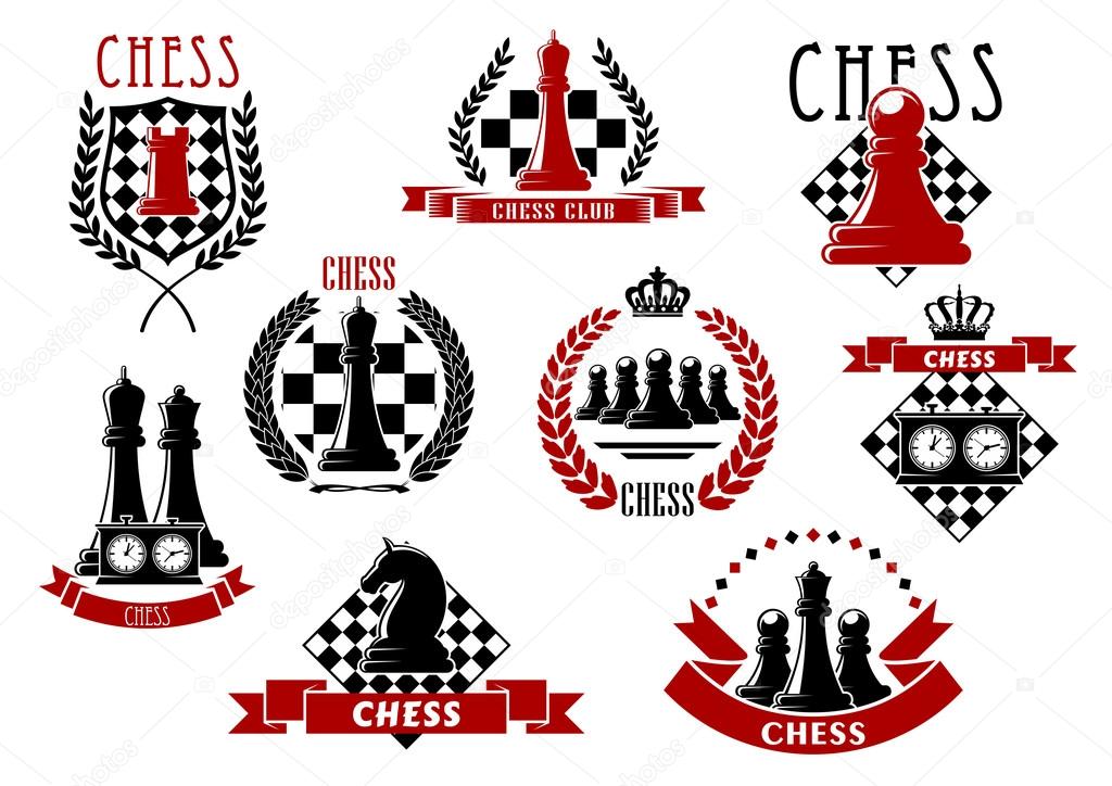 Chess icons with red and black kings, queens, rook, knight, pawns chessman and clocks on chessboard and checkered shield. Adorned by laurel wreaths, ribbon banners and crowns