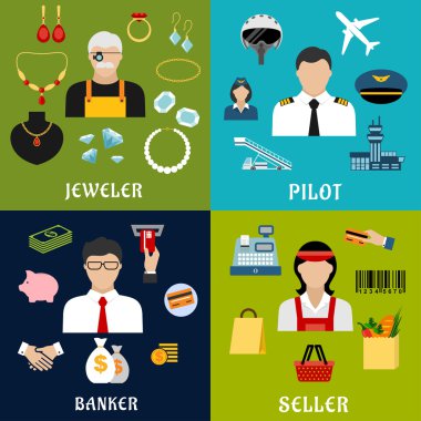 Seller, banker, pilot and jeweler professions