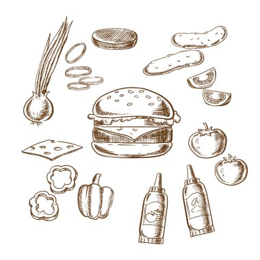 Sketch of tasty burger with many ingredients