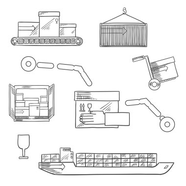 Shipping and delivery service sketch icons