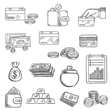 Finance, business and money icons sketches