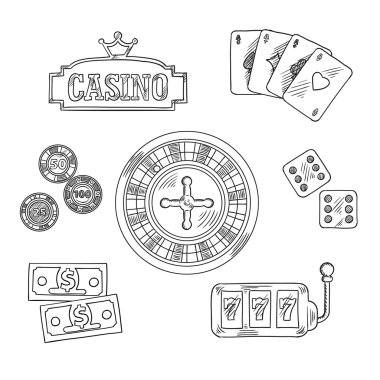 Casino and gambling sketched symbols