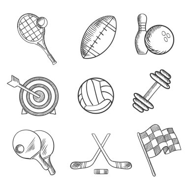 Sport icons and items in sketch style
