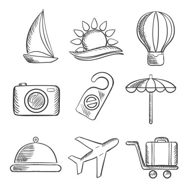 Travel and tourism sketched icons set