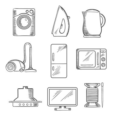 Kitchen and home appliance sketched icons