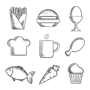 Food and drinks sketched icons set  clipart