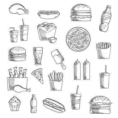 Fast and takeaway food sketched icons