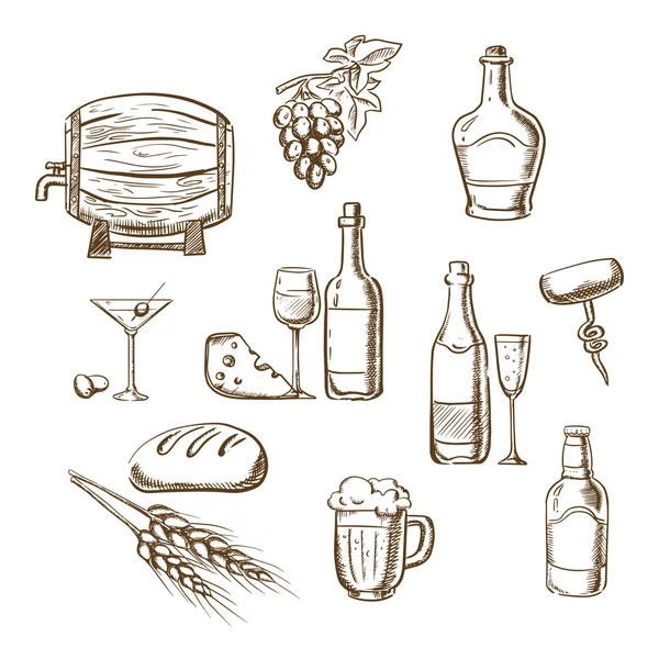 Sketches of alcohol, drinks and snacks — Stockvector