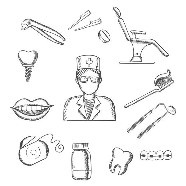 Iconos de boceto con símbolos dentales y de odontología — Vector de stock
