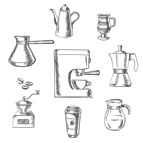 Beverage sketch icons around the coffee machine — Stok Vektör