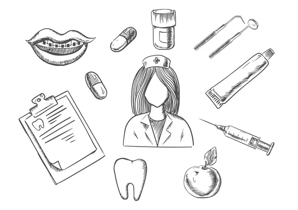 Dental sketch icons with medical items — Stock Vector