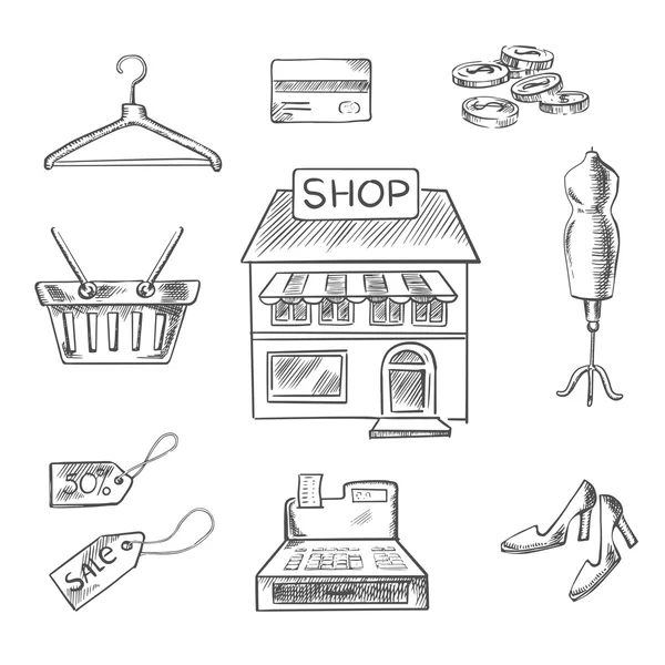 Iconos de compras y bocetos al por menor — Vector de stock