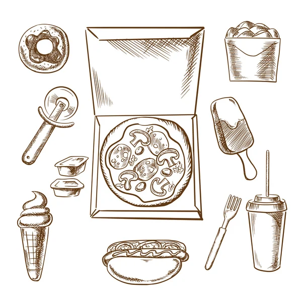 Pizza, ice cream and fast food snacks — Stockvector