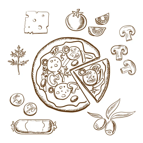 Pizza aux ingrédients, croquis d'objets — Image vectorielle