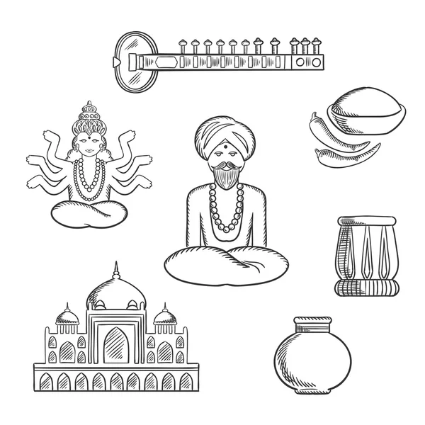 Culture et religion indiennes croquis icônes — Image vectorielle