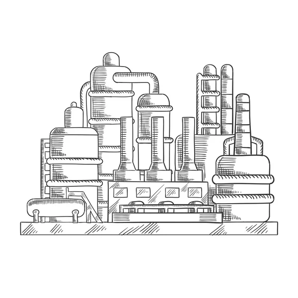 Usine de raffinerie de pétrole dans le style croquis — Image vectorielle