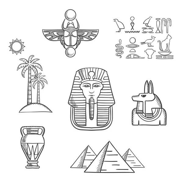 Egipto viajes y bosquejos antiguos iconos — Vector de stock