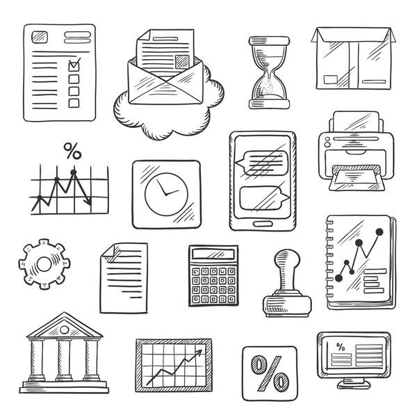 Business, financial and office sketched icons