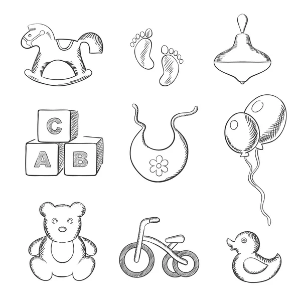 Baby and toys sketched icons set — Stockvector