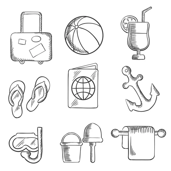 Summer vacation and travel sketched icons — Stok Vektör