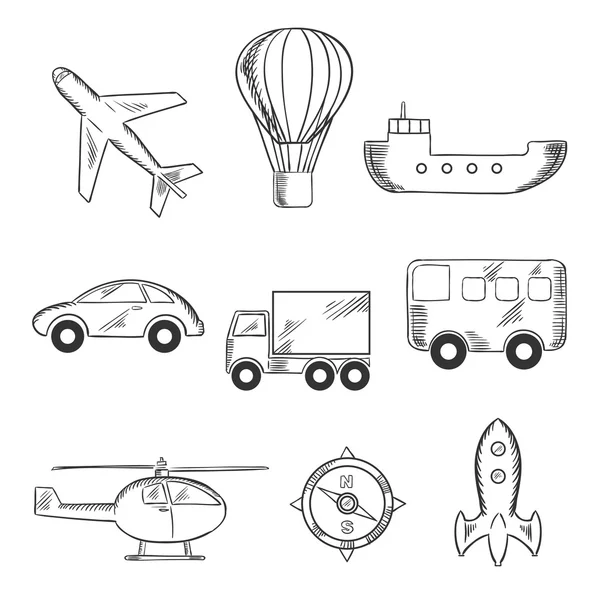 Iconos de bocetos de viaje y transporte — Archivo Imágenes Vectoriales