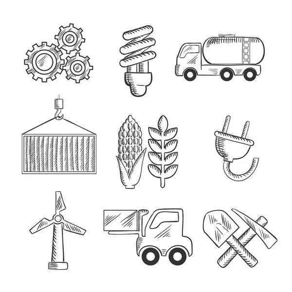 Iconos esbozados de energía e industria — Vector de stock