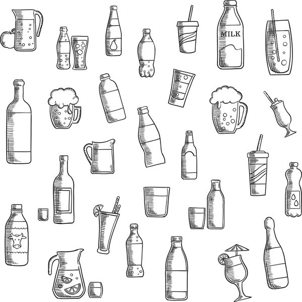 Bebidas, coquetéis e bebidas ícones esboçados — Vetor de Stock