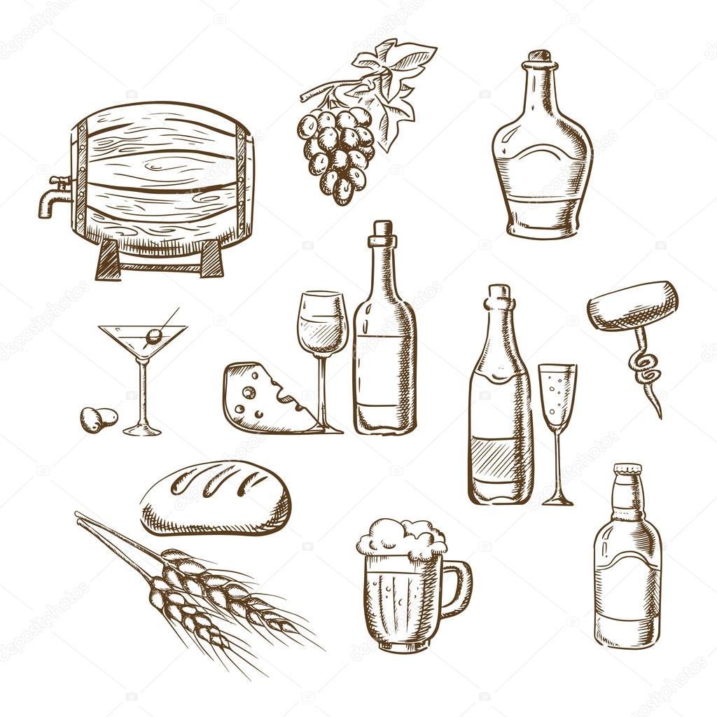 Sketches of alcohol, drinks and snacks