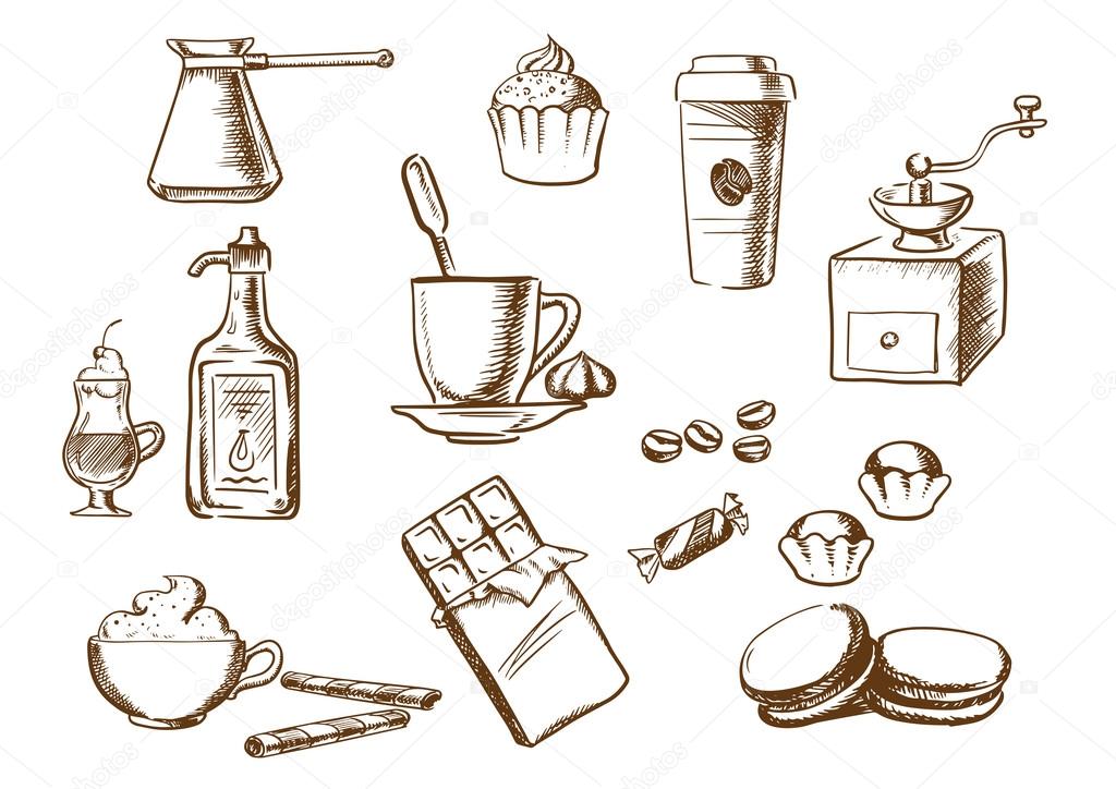 Coffee drinks, ingredients and desserts sketches