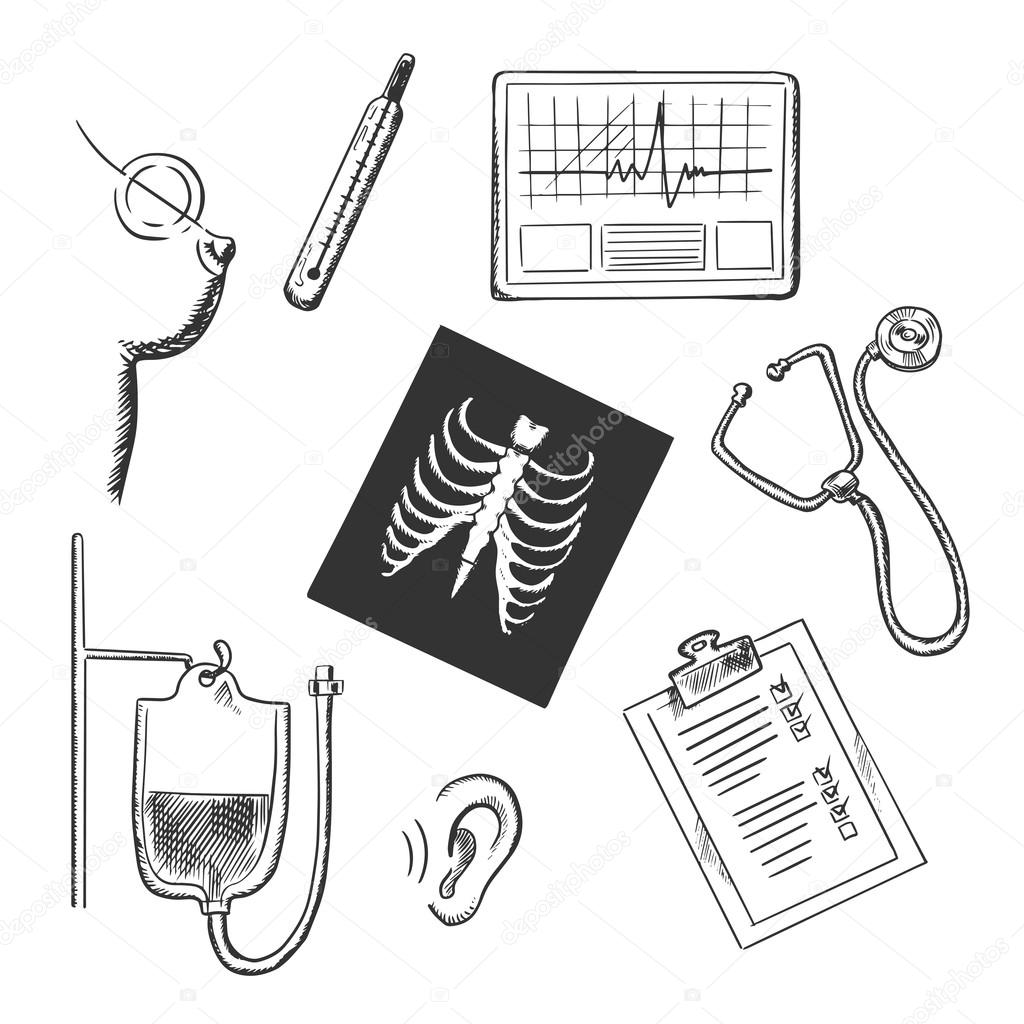 Medical diagnostics sketch icons with chest x-ray, thermometer, blood test, stethoscope, hearing test, ecg, breast cancer test and clipboard with monitoring results. Healthcare and medicine concept usage