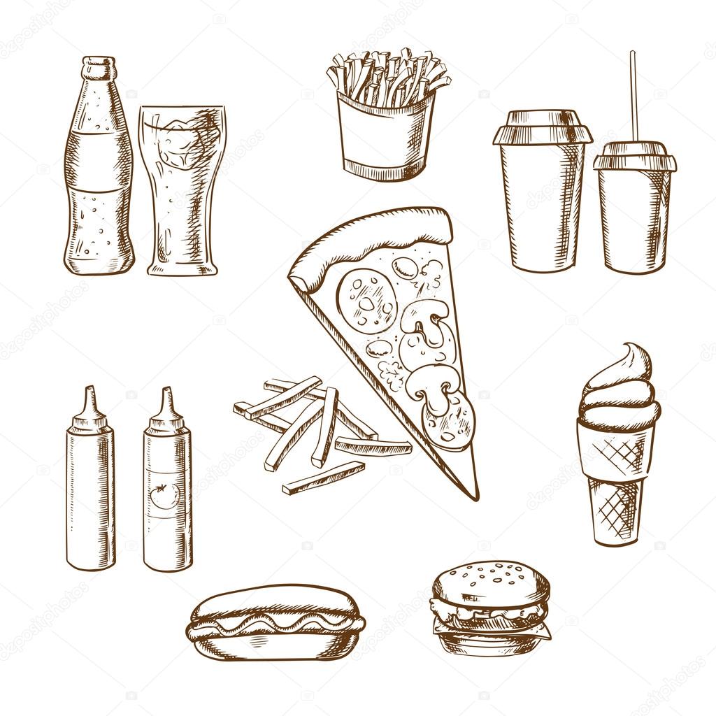 Fast food sketches with pizza and french fries surrounded by a cheeseburger, coffee, soda, potato chips, hot dog, ice cream cone and condiments