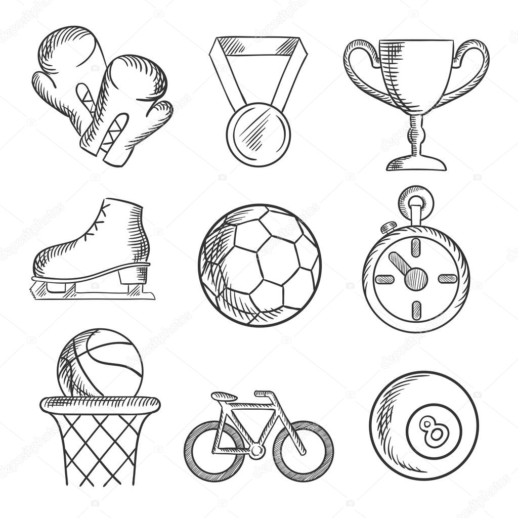 Sketched sport games icons with basketball, soccer , football, ice skating, boxing gloves, cycling and bowls with a winners medal, trophy and stopwatch. Sketch elements
