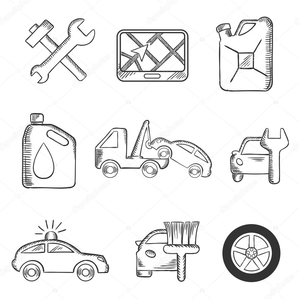 Car service sketch icons including tools, road sign, oil and petrol containers, tow truck, wheel, tyre, jerry can, police, car wash and garage