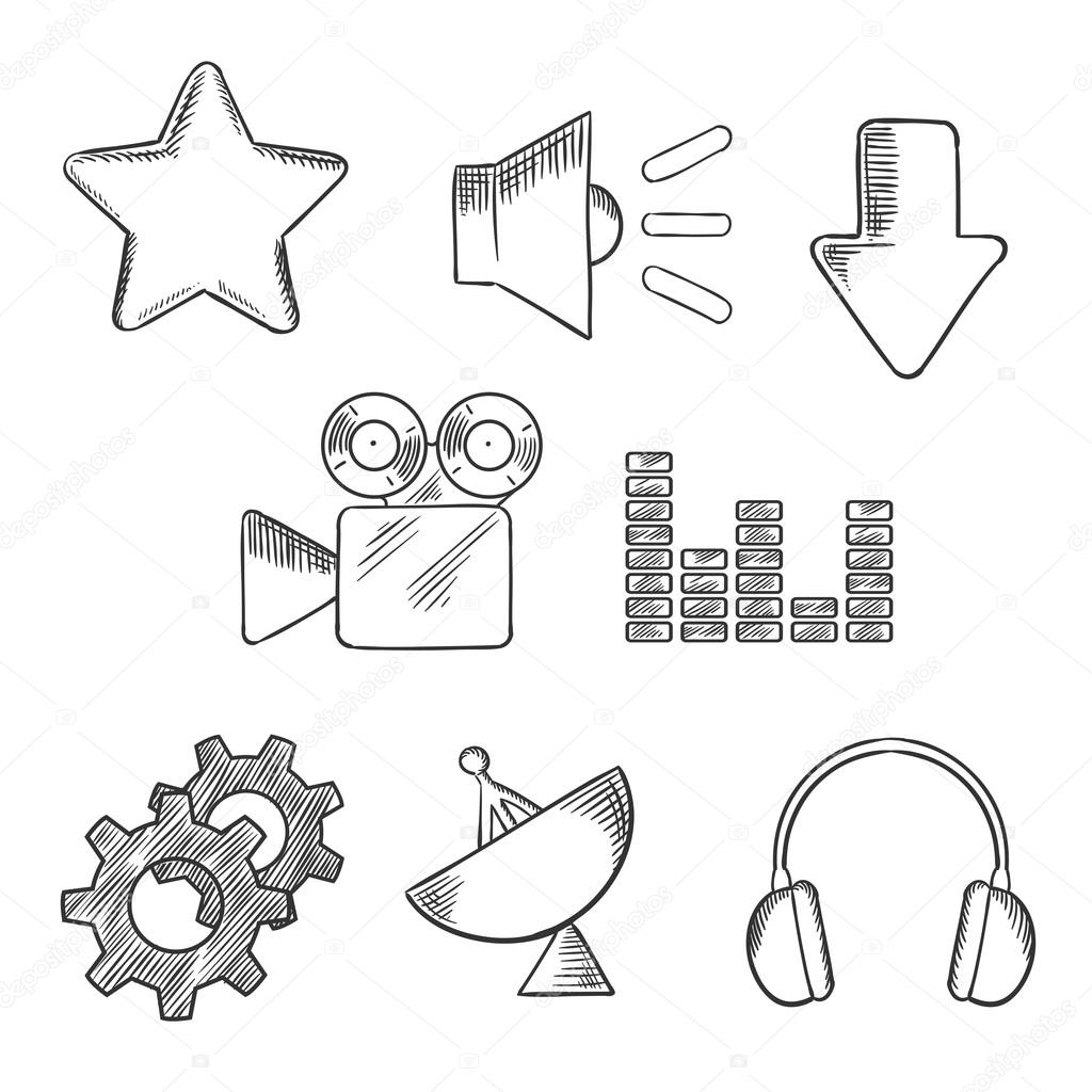Media and sound sketched icons set