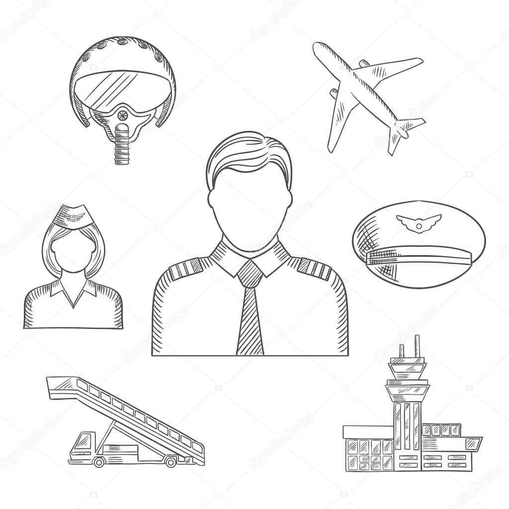 Pilot profession sketched icons with captain in uniform surrounded by stewardess, airplane, flight helmet, peaked cap, airport building and aircraft steps. Sketch style