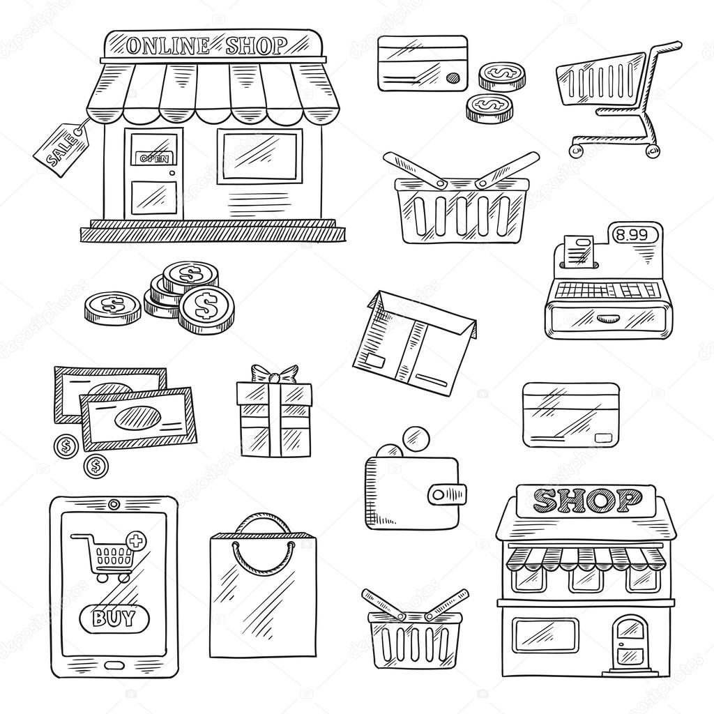 Shopping and retail icons set, sketch style