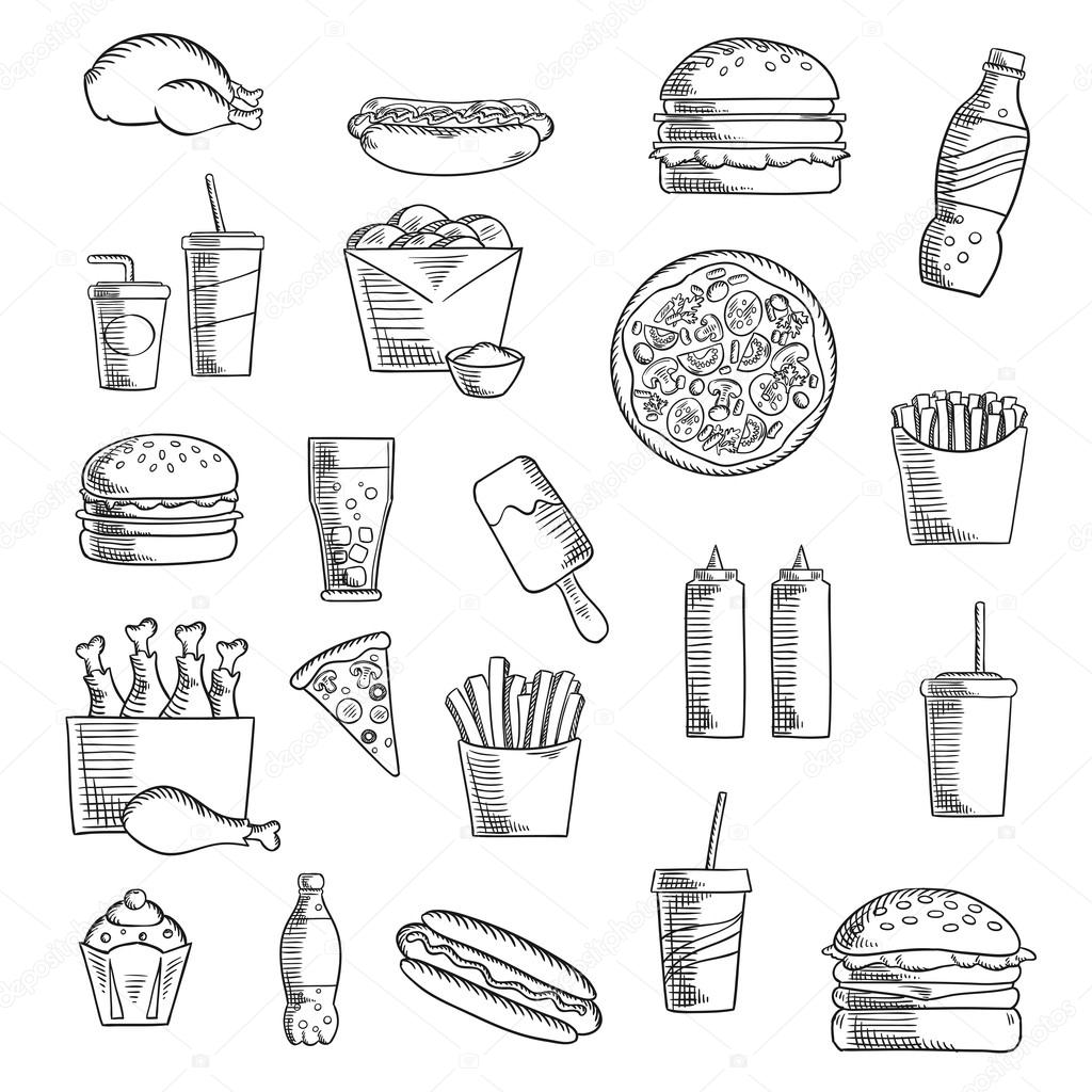 Fast and takeaway food sketched icons