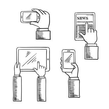 Sketch of hands with smartphones and tablets