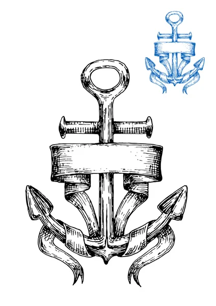 Vintage marine anchor sketch with ribbon — 图库矢量图片