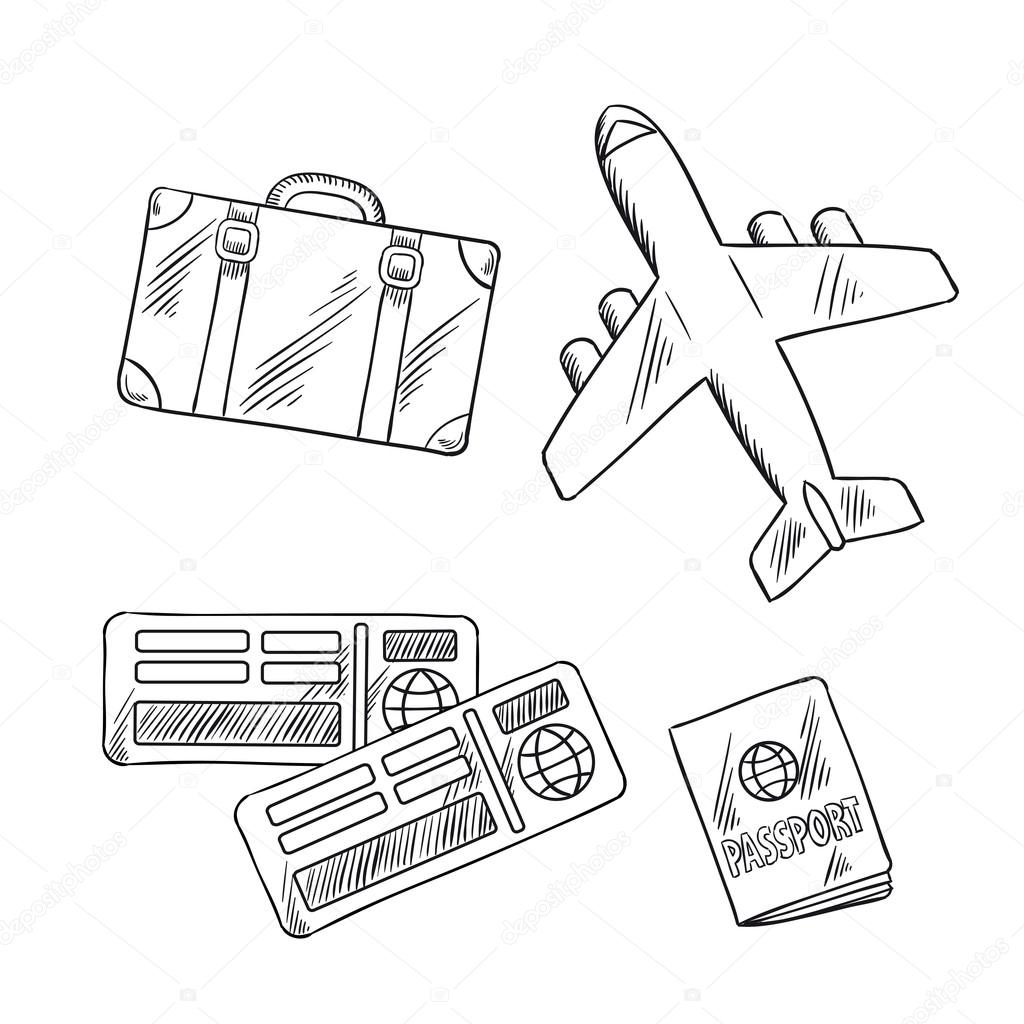 Travel icons with plane, bag, tickets and passport