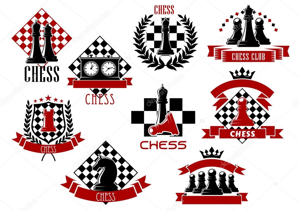 Retro sporting emblems and icons of chess game with chessboards, clock,queens, kings, rook, knight and pawns pieces, framed by wreaths, ribbon banners, crowns and stars. Red, white and black colours