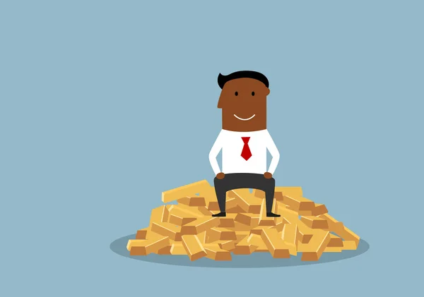 Wealthy and happy businessman sitting on gold bars — 스톡 벡터