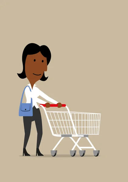 Happy businesswoman with shopping cart in store — Stock Vector