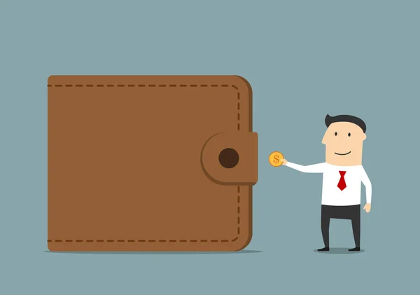 Businessman putting golden coin to wallet — Stockvector