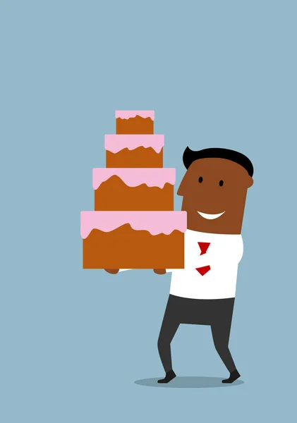 Joyful cartoon businessman with cream cake — Stock Vector