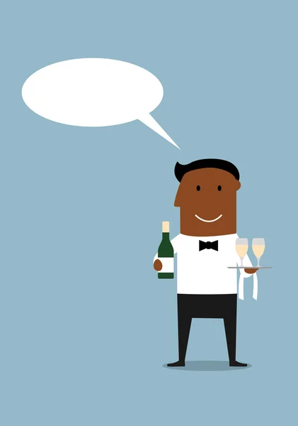 Happy waiter with bottle and wine glasses — Stock Vector